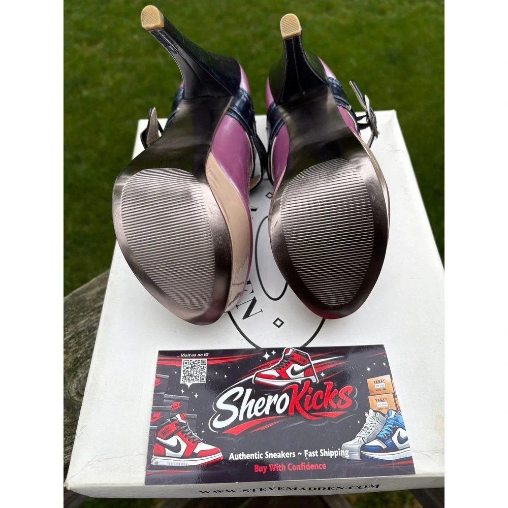 Steve Madden Saassi Lavender Metallic Peep Toe Platform Mary Jane Heels Navy 7